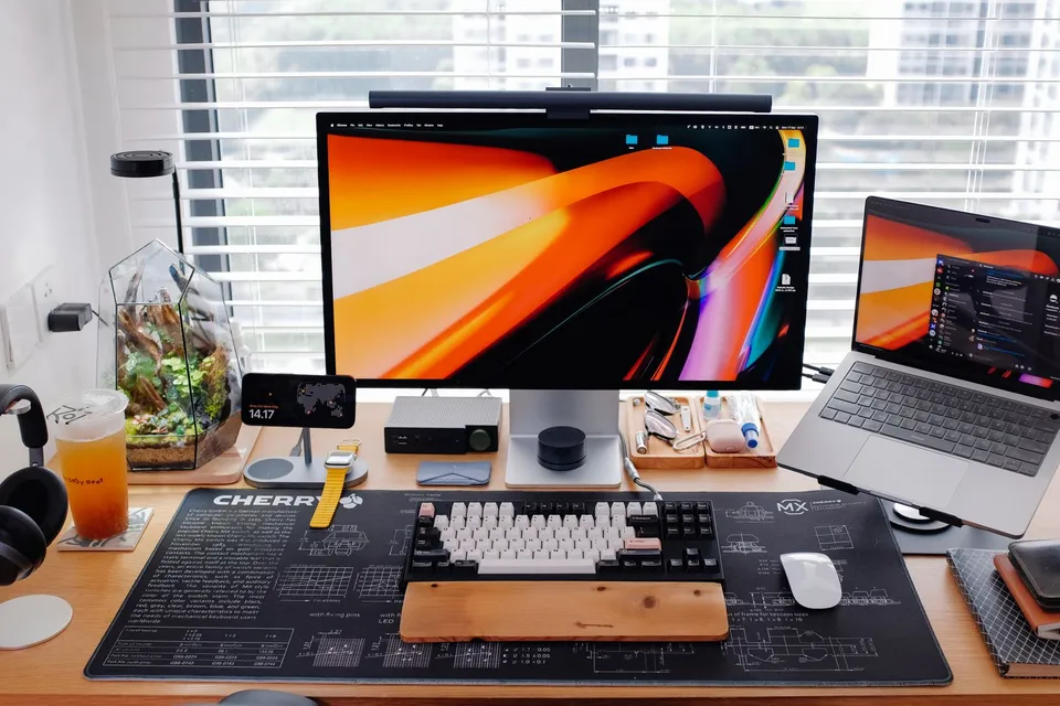 Desktop workstation with two monitors